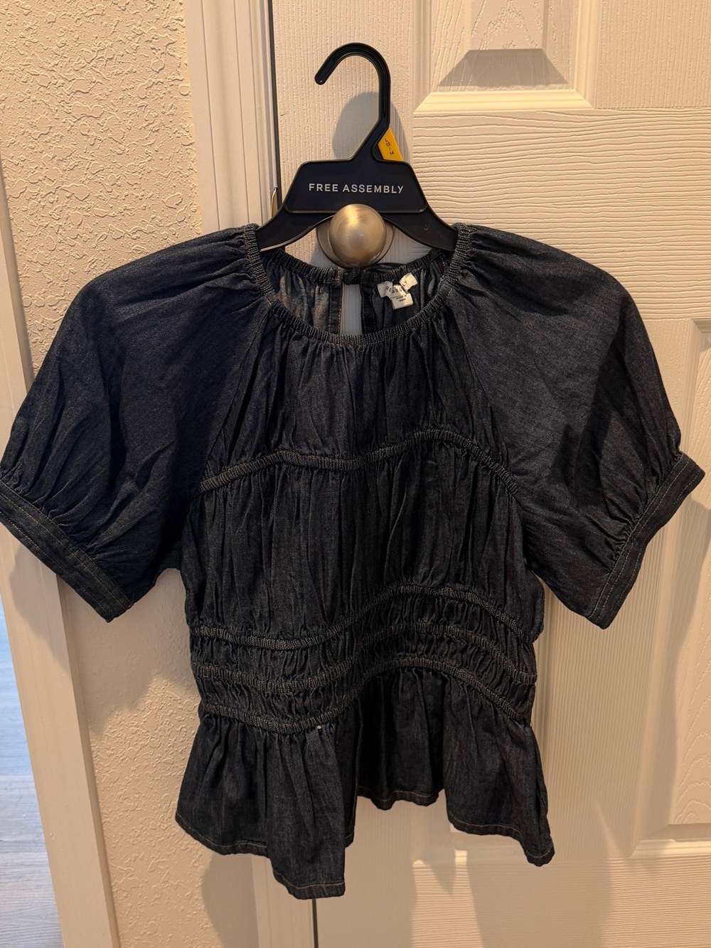 Smocked Blue Denim Peplum Short-Sleeve Top